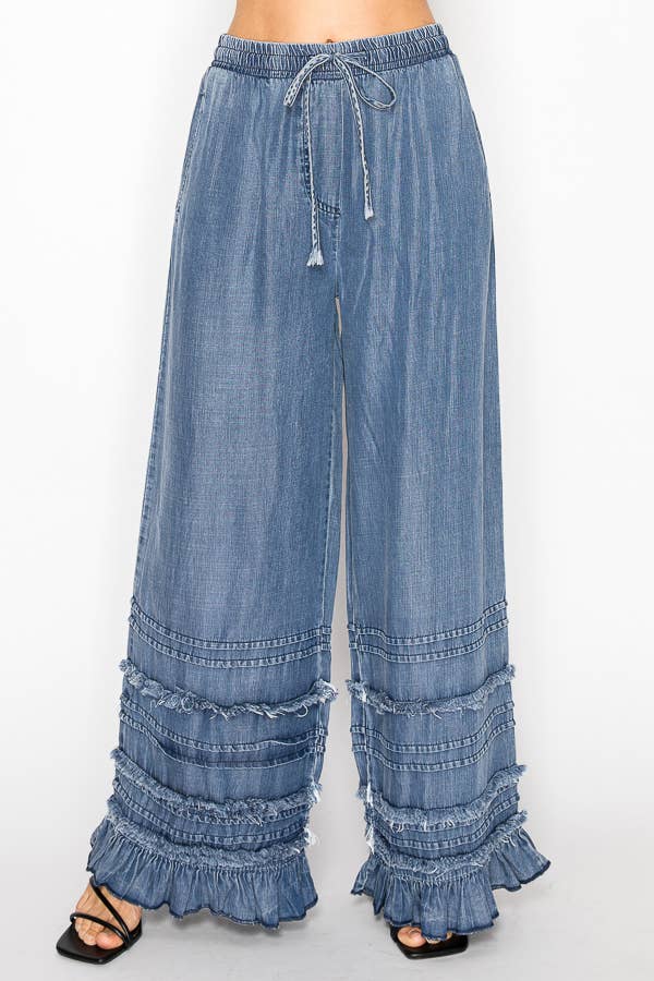Denim Chambray Palazzo Ruffled Pants