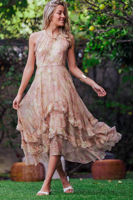 Ivory Floral Waterfall Ruffle Midi Dress Crochet Trim