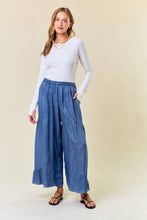 Dark Denim Elastic Waist Wide Leg Pants with Side Pocket