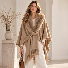 Grey Faux Fur Collar Trim Fringe Shawl Poncho