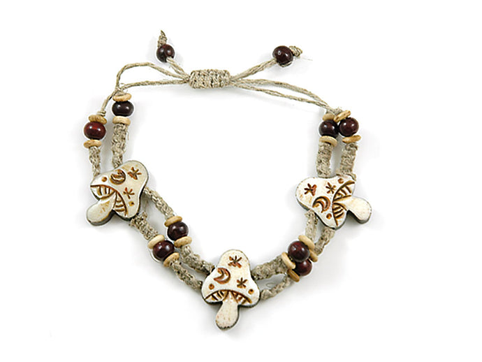 Hemp Beaded Double Strand Bone Mini Magic Mushroom Bracelet
