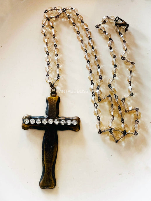 Brass Patina Rhinestone Cross Necklace