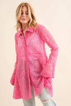 Hot Pink Lace Tunic Flow Hem Bell SLV Button Up Shirt