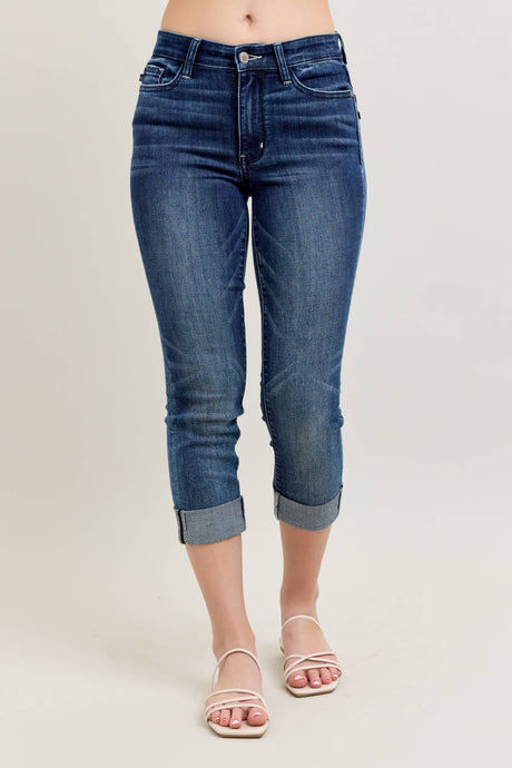 Dark Mid Rise Dark Wash Cuffed Judy Blue Capris