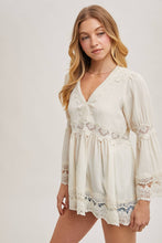Ecru Lace Trimmed Bell Sleeve V Neck Blouse