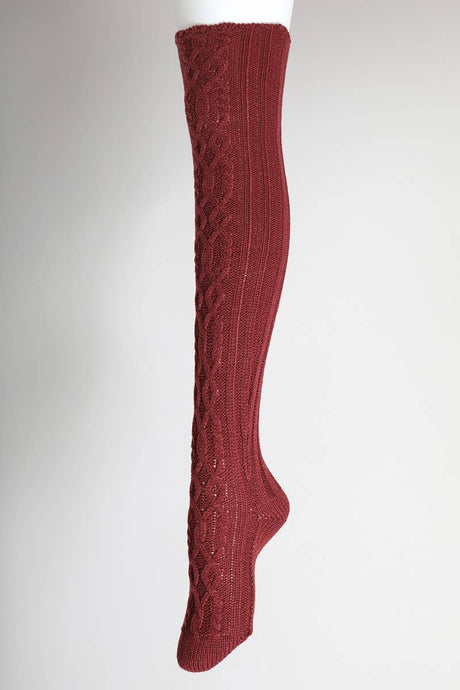 Burgundy Bold & Cozy Thigh-High Cable Knit Socks