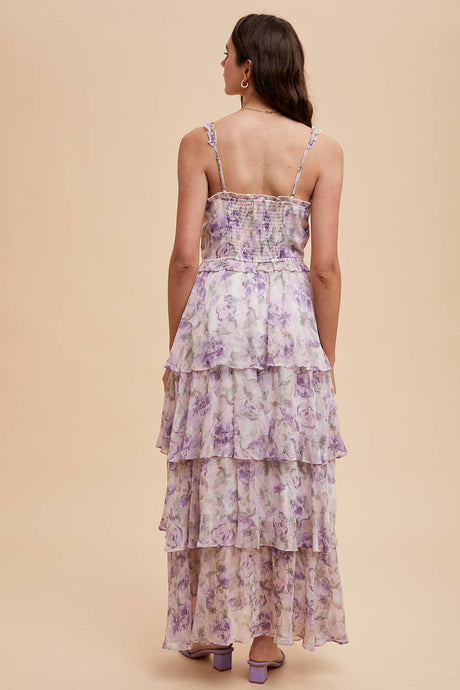 Peach Lavender Floral Ruffled Maxi Dress