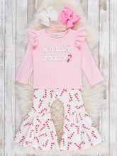 "Holly Jolly" Candy Cane Ruffle Bell Bottom Kids Outfit