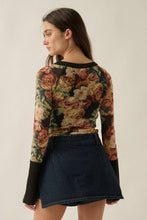 Black Floral Mesh Split-Cuff Raglan-Sleeve Henley Top