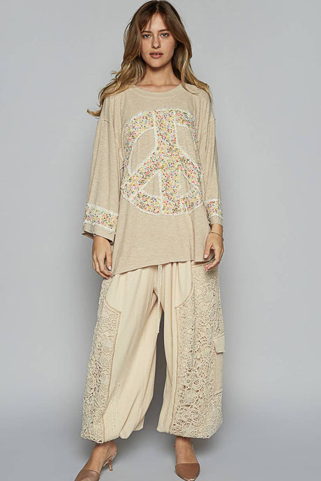 Toasted Almond Crochet mix solid pattern thermal knitted POL Pants