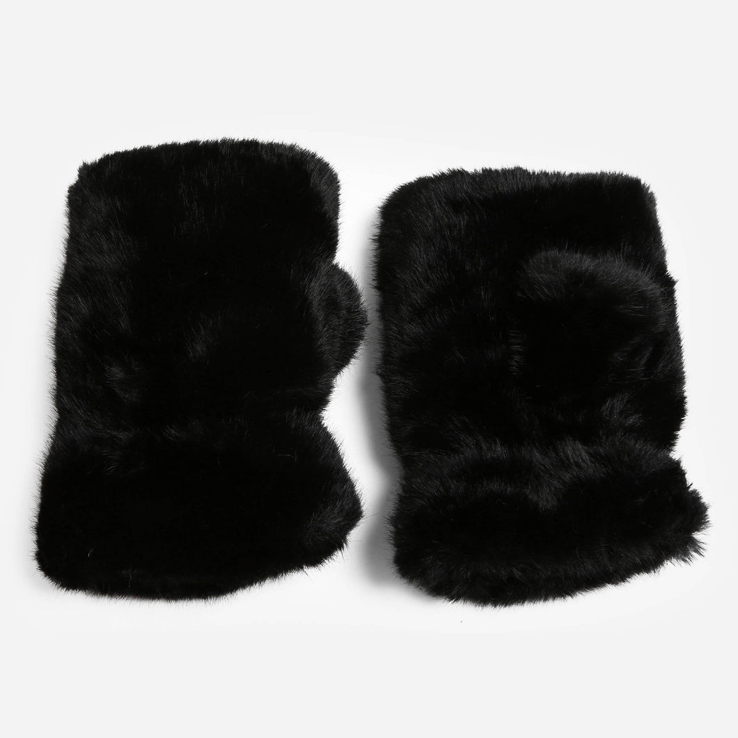 Black Plain Faux Fur Fingerless Winter Gloves