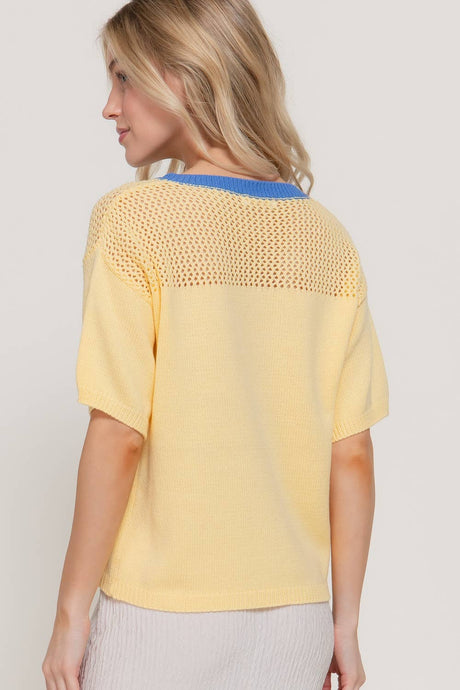 Yellow Blue Short Sleeve V-Neck Jacquard Top with Contrasting Neck Band