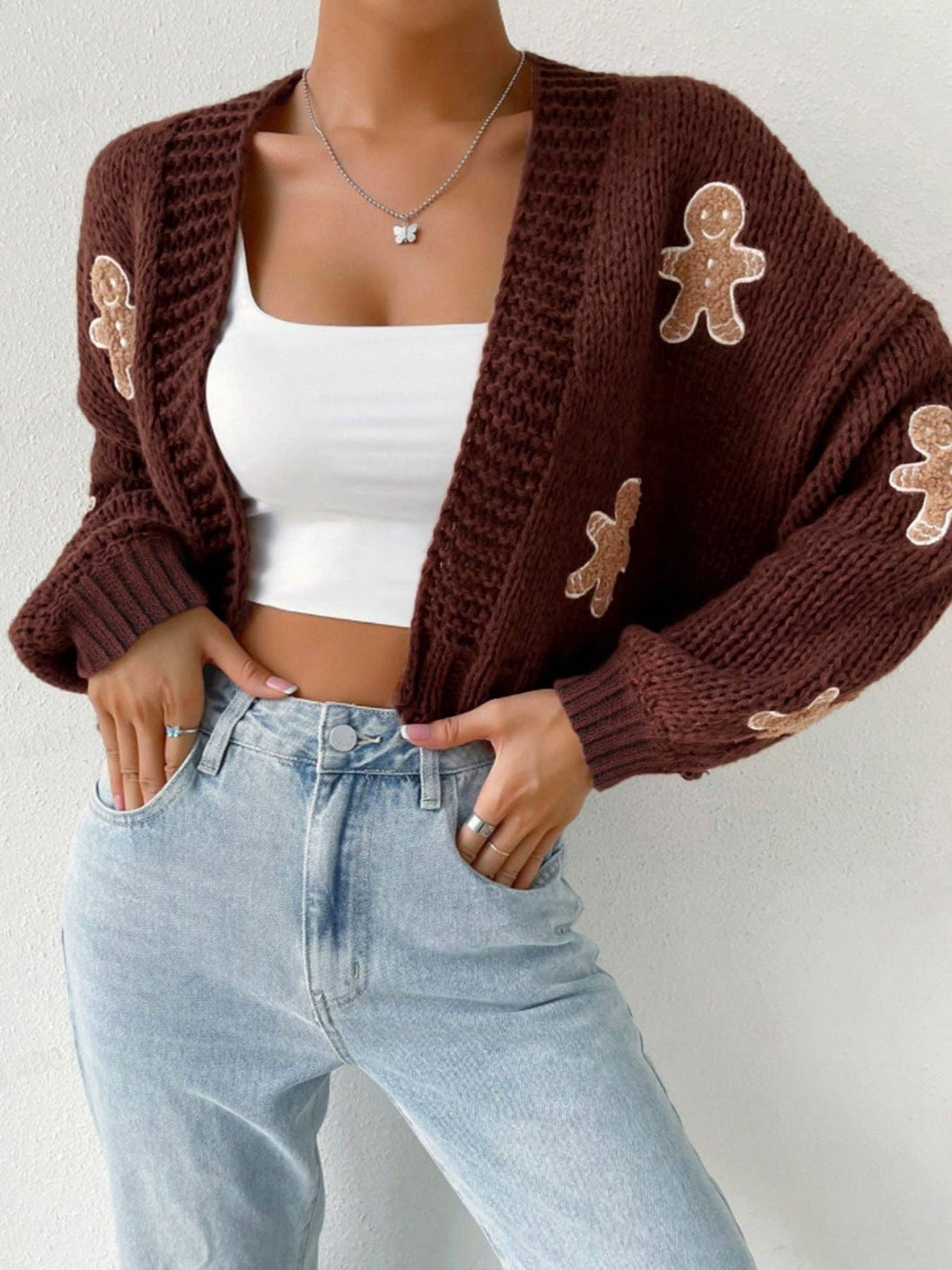 Cookie Pattern Short Knit Cardigan Brown