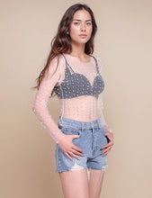 Nude Pearl Rhinestone Studded See Through Mesh Crop Top