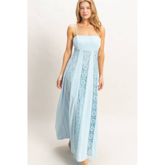 Light Blue Woven Lace Trim Maxi Dress