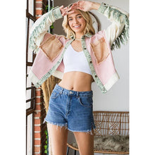 Washed Colorblock Button Down Fringe Twill Oli&Hali Jacket: Pink Combo
