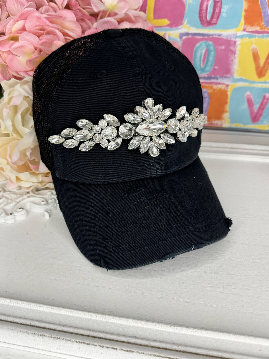 Crown Jewel Black Distressed Trucker Cap