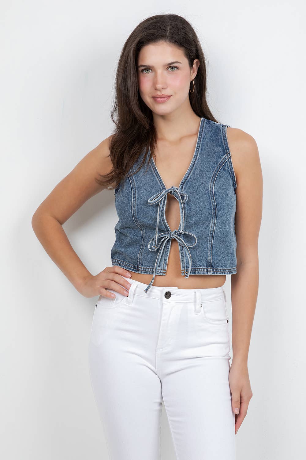 Medium Wash Tie-Front Denim Vest