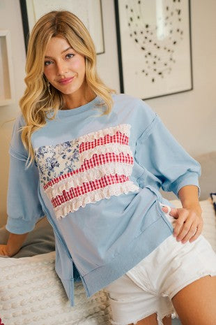 Navy 4th of July Patchwork Open Seam French Terry Bibi Top 5/5/26 1303