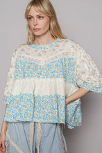 Ivory Blue Round neck short sleeve embroidered print POL top