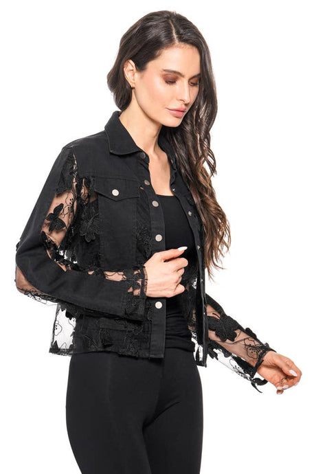 Black Butterfly Sheer Lace Appliqué Denim Jacket