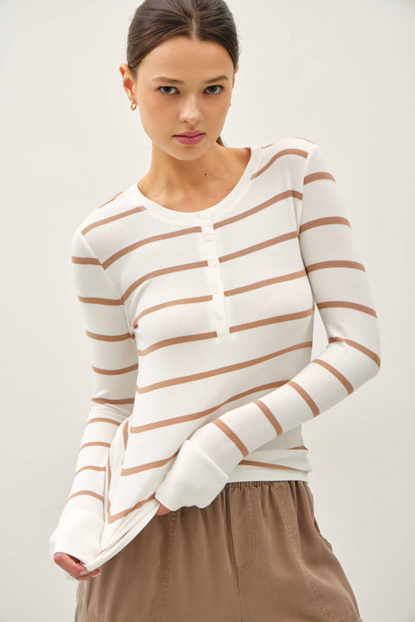 Heather Grey Classic Ribbed Striped Henley Long Sleeve Top
