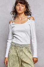 Vintage Washing Solid Buckle Open Shoulder Knit Thermal Top: PALE OLIVE