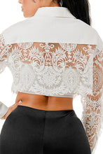 White Pearl Brooch & Lace Sleeve Cropped Denim Jacket