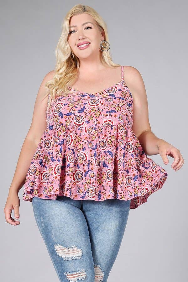 Mauve Plus Size Top Floral Paisley Print Ruffle Cami