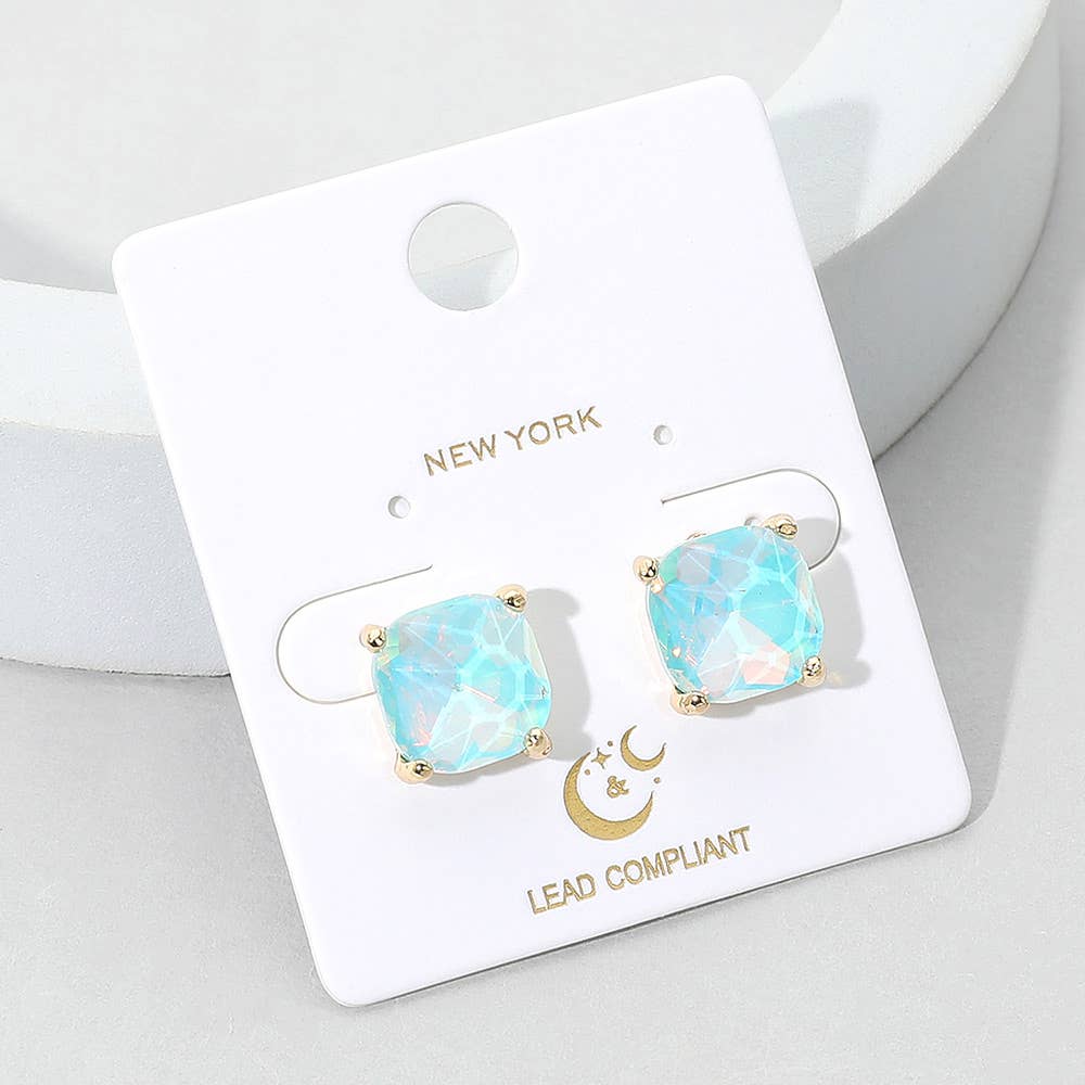 Pearl Blue Cushion Square Stone Stud Evening Earrings