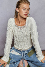 Cream Square neck long sleeve lace printed solid ruffle knit POL top