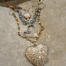 Czech Flower & Leather Silver Heart Layered Necklace