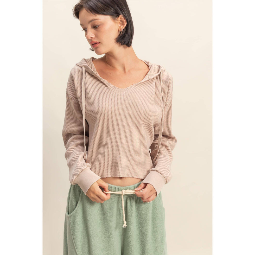 Dark Taupe Mineral Washed Cropped Waffle Knit Hoodie
