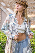 Long sleeve roomy fit shirt in printed woven top: Green Multi