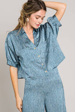 Blue Short sleeve button down crop satin shirt
