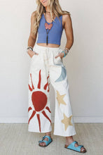 White Patchwork Drawstring Wide Leg Casual Pants