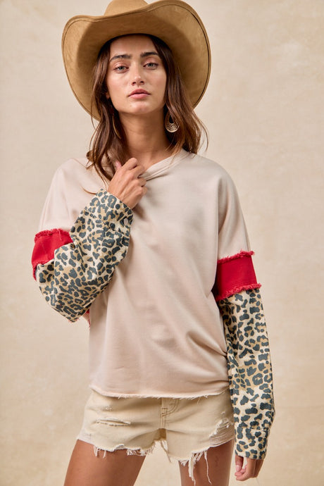 Cream Red French Terry Leopard Sleeves Bibi Top 8/29/25 1147
