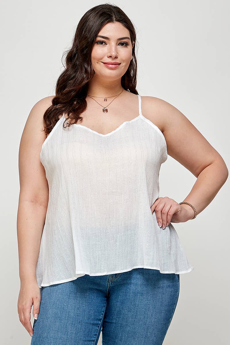 White Plus Size Slit Metallic Stripe Back Plus Size Cami
