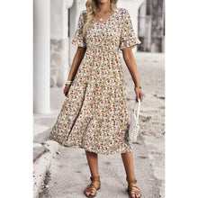 Beige Floral Print Fit Ruffle Sleeve Midi Dress