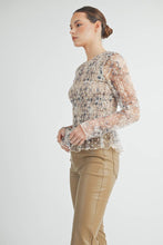 Cream Sheer Smocked Embroidered Mesh Peplum Top