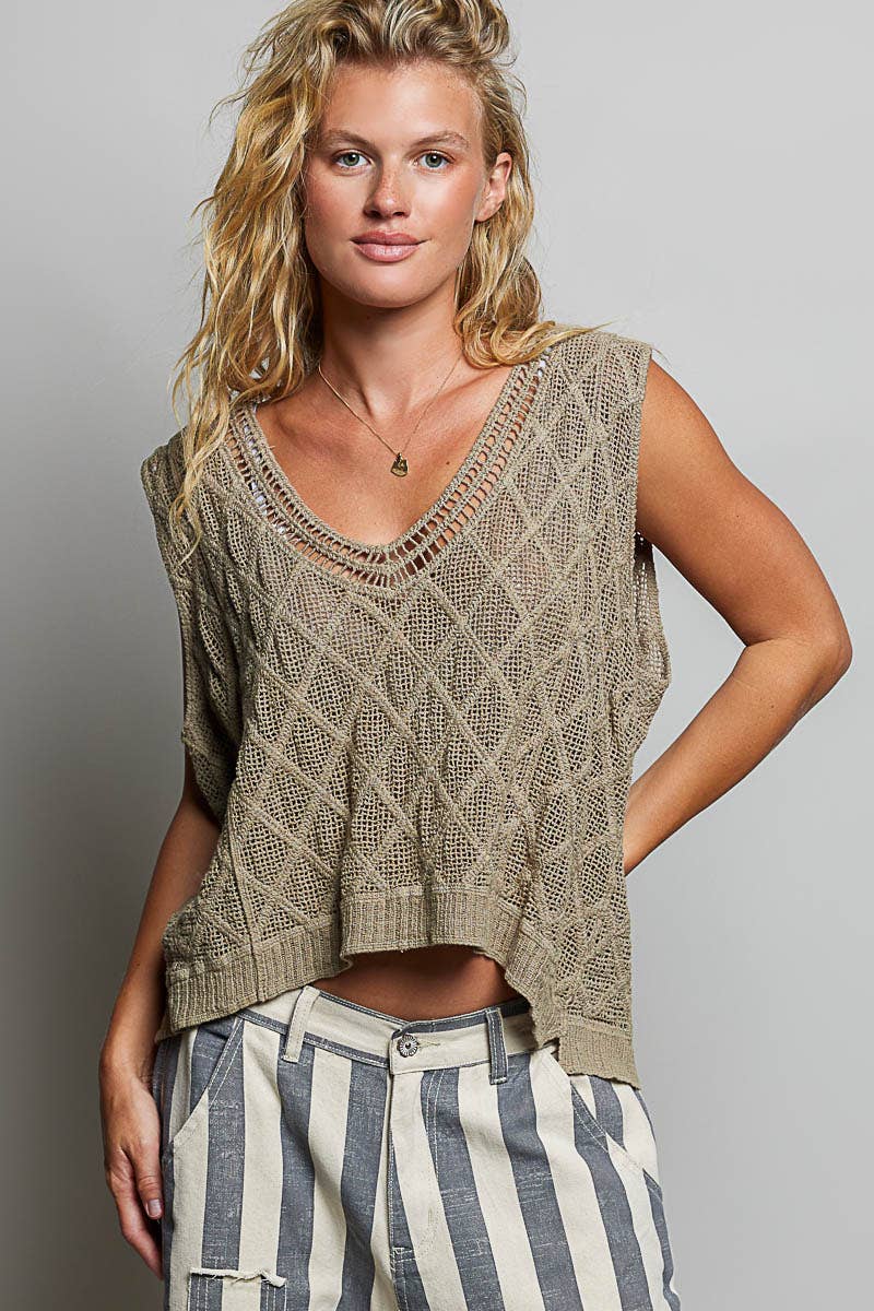 Taupe V-neck Diamond Weave Crochet Sleeveless Knit POL Top