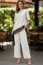 Beige White Solid Cotton With Lace Detail T Shirts