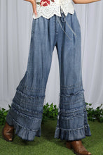 Washed Denim Flared Ruffle Hem Washed Chambray Crop Denim Pants
