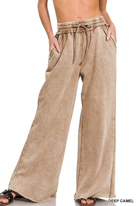 Deep Camel Acid Wash Fleece Palazzo Sweatpants With Pockets