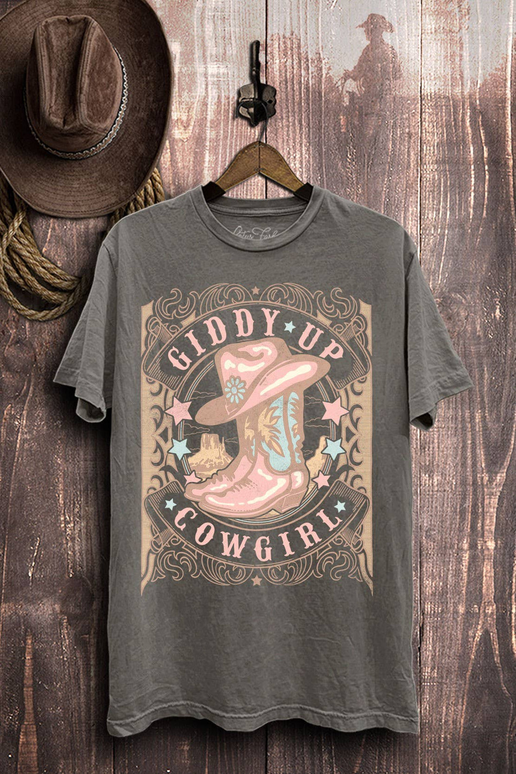 Stone Grey Mineral Wash Giddy Up Cowgirl Graphic Top