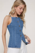 Denim Straight Neckline Stretch Denim Long Vest Top