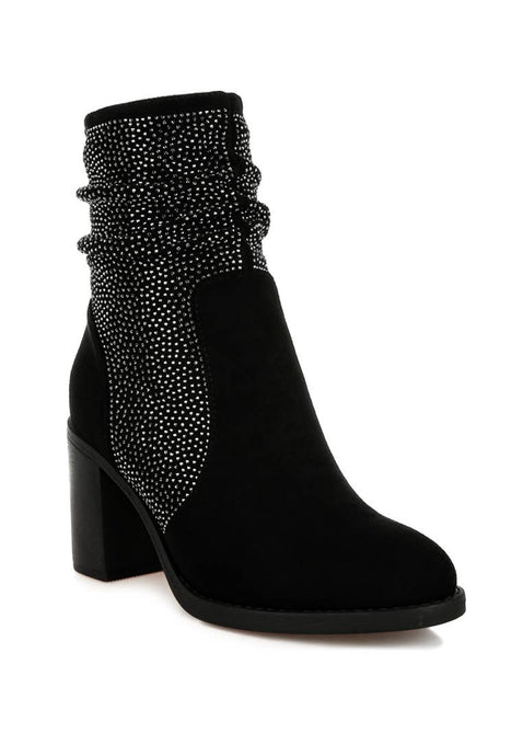 Black Chinar Rhinestone Studded Slouchy Ankle Boots