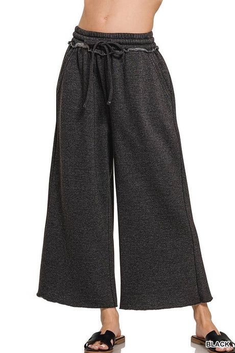 Crop Black Acid Wash Fleece Palazzo Sweatpants With Pockets
