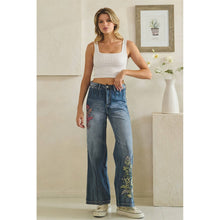 Denim Washed Floral Embroidered Darted Oli+Hali Pants
