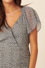 Faded Denim Floral Surplice Butterfly Tiered Ruched Mini Dress